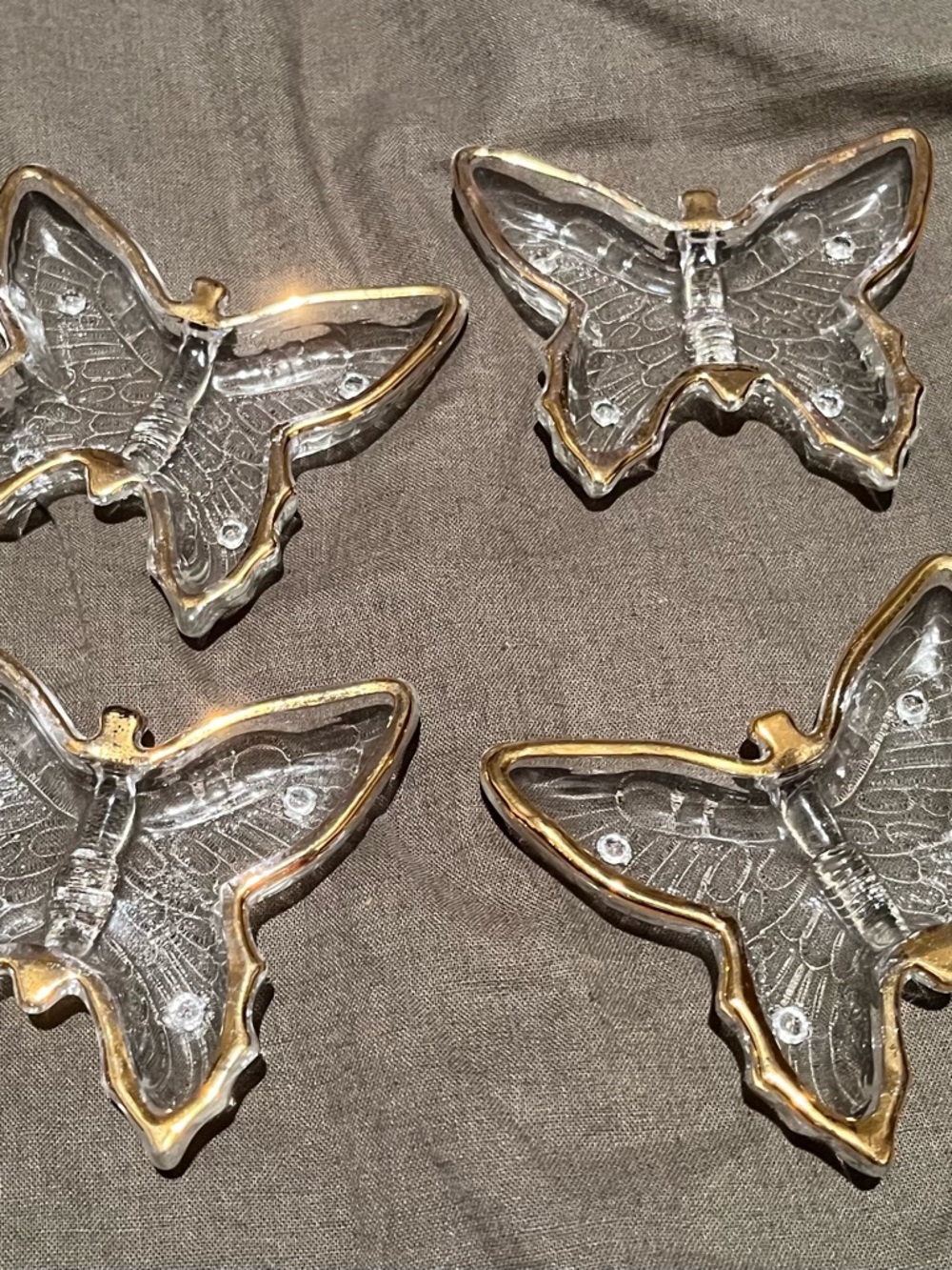 Vintage Glass Butterfly Trinket Dishes with Gold Trim - Set of 4